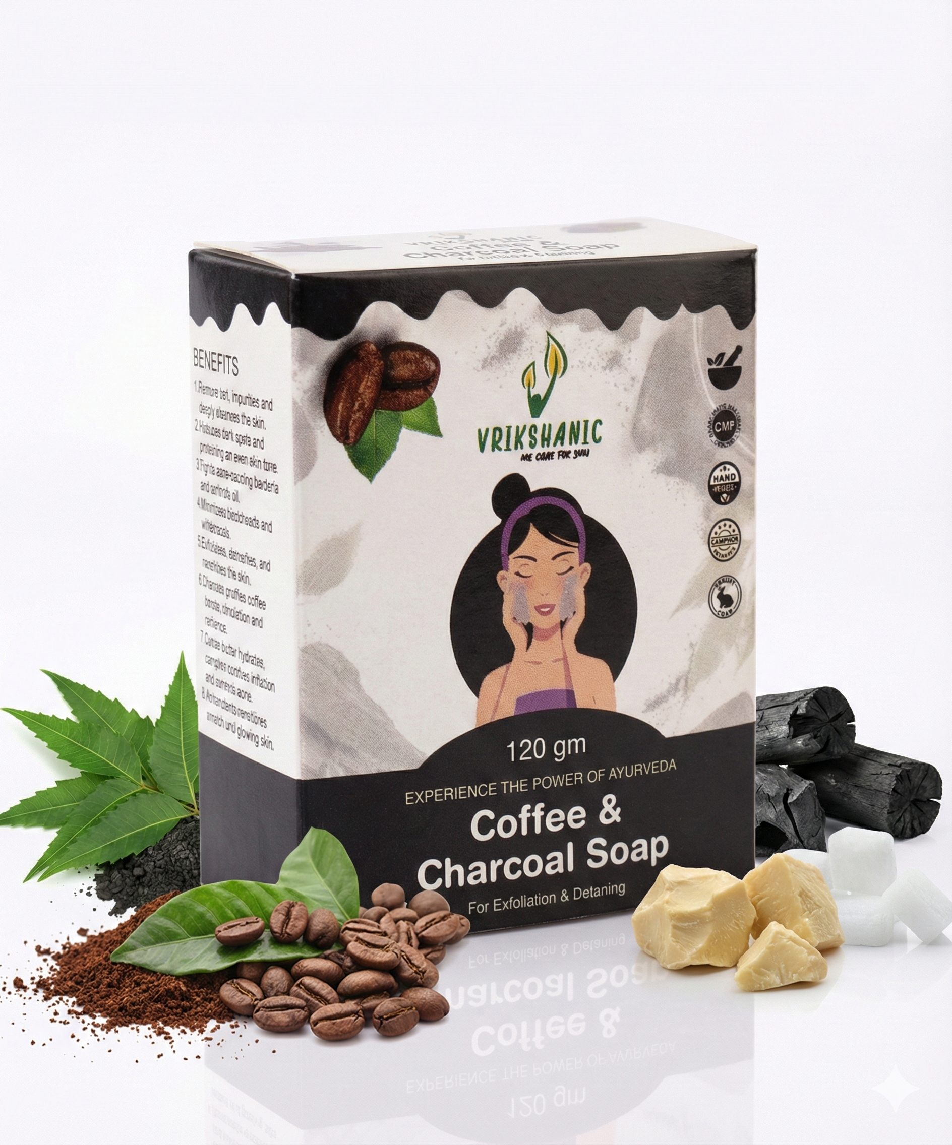 Vrikshanic Coffee & Charcoal Soap box with coffee beans, charcoal, and natural Ayurvedic ingredients