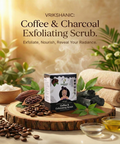 Vrikshanic Coffee and Charcoal Exfoliating Scrub with natural ingredients, spa towels, and oils.