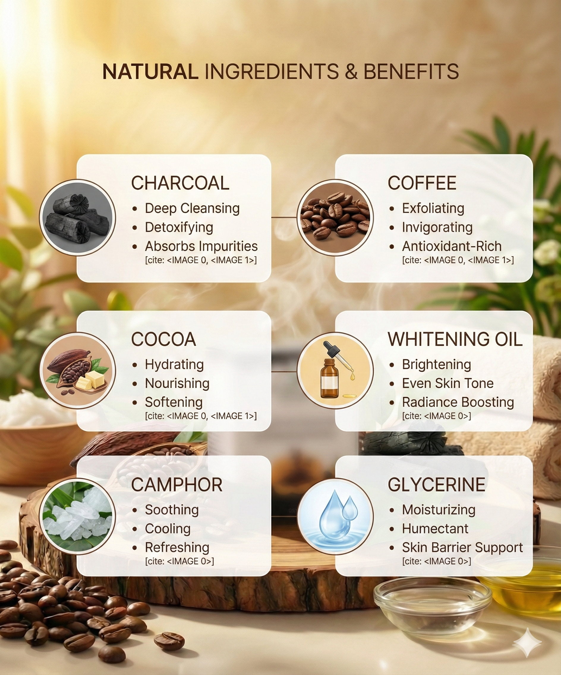 Vrikshanic natural ingredients and benefits chart featuring charcoal, coffee, cocoa, camphor, whitening oil, and glycerine used in Ayurvedic skincare products.
