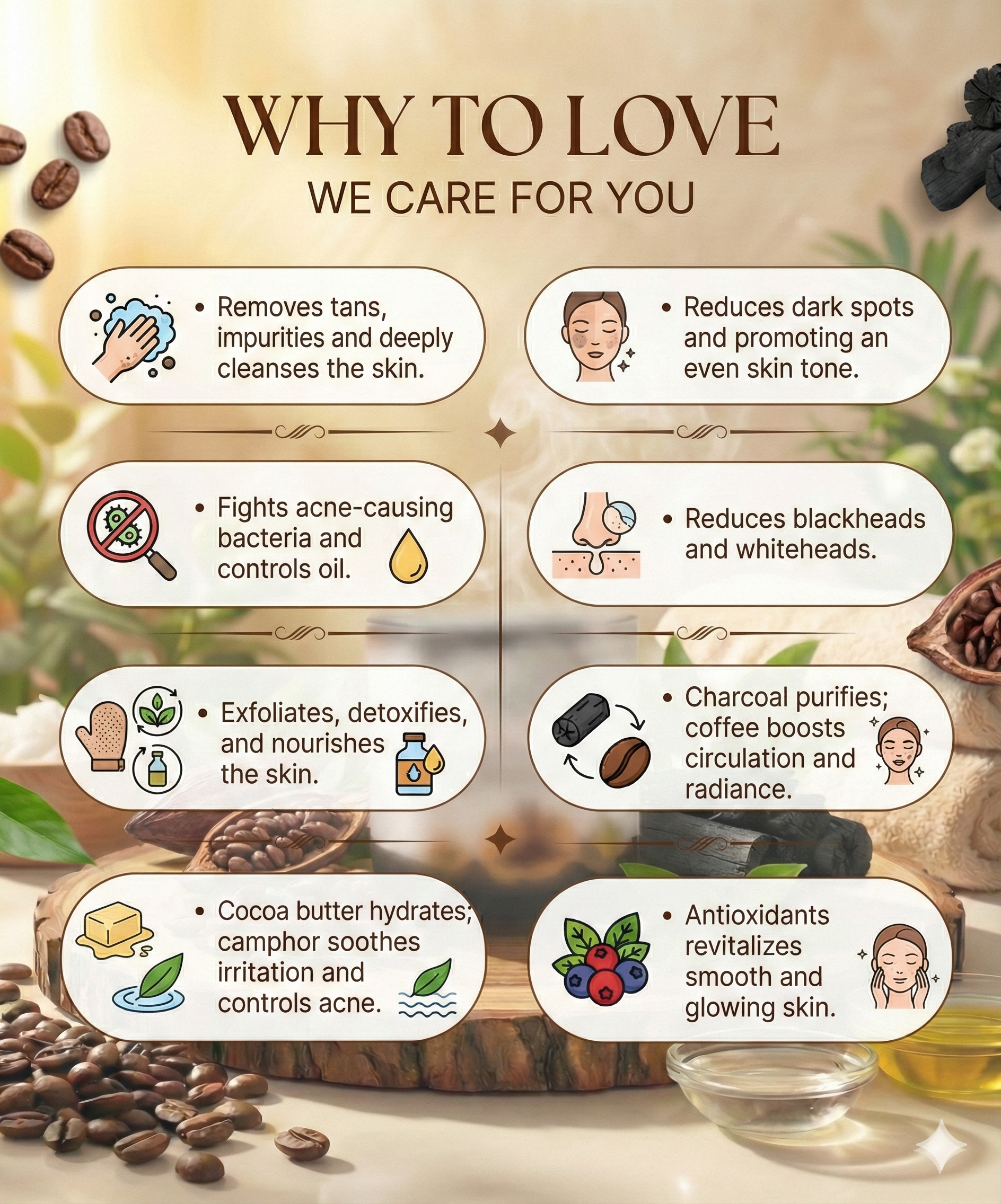 Vrikshanic Ayurvedic skincare benefits infographic with natural ingredients and icons.