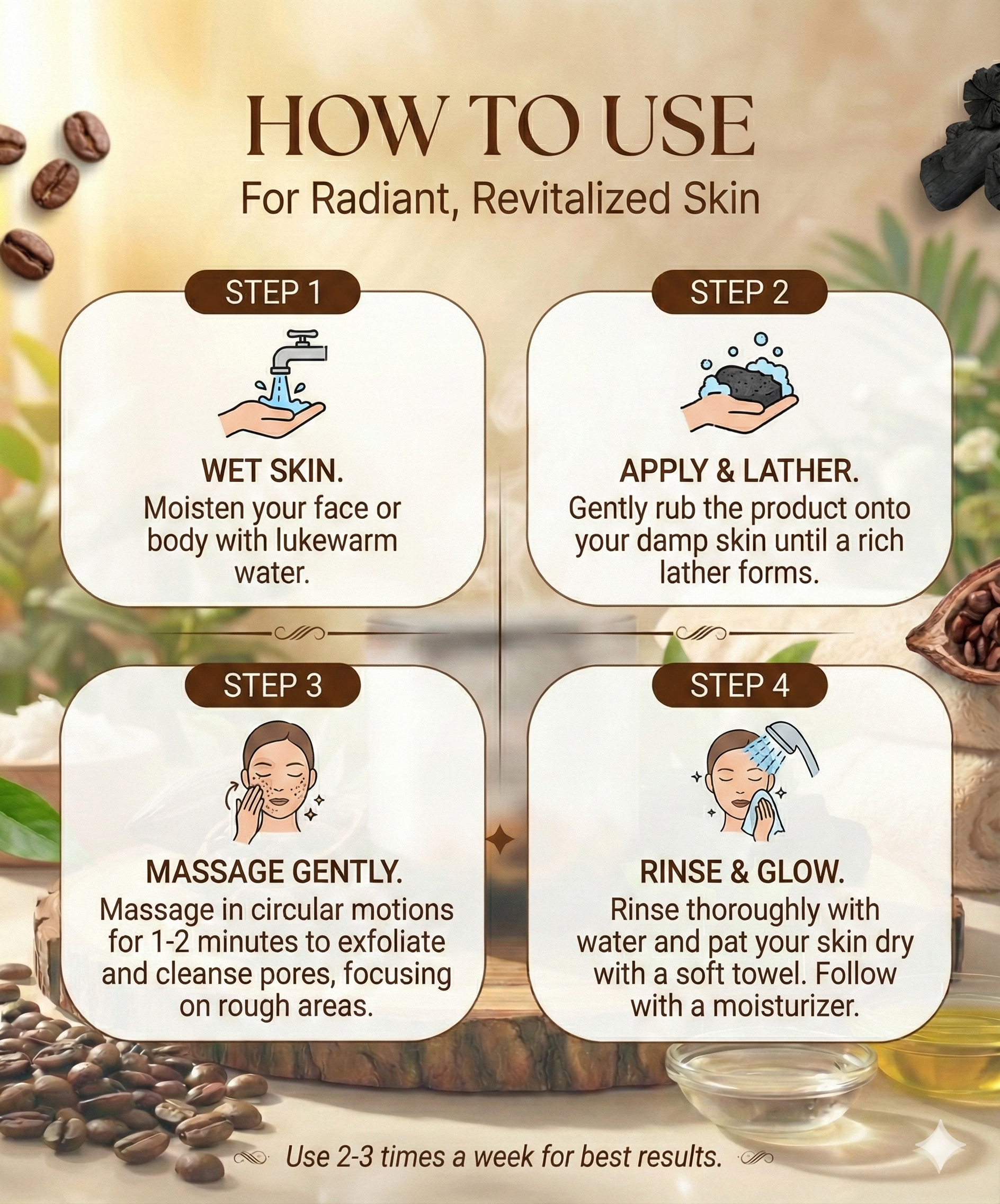 Vrikshanic skincare usage steps with illustrations and natural Ayurvedic background, highlighting how to wet skin, apply and lather, massage gently, and rinse for radiant results.