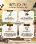 Vrikshanic skincare usage steps with illustrations and natural Ayurvedic background, highlighting how to wet skin, apply and lather, massage gently, and rinse for radiant results.
