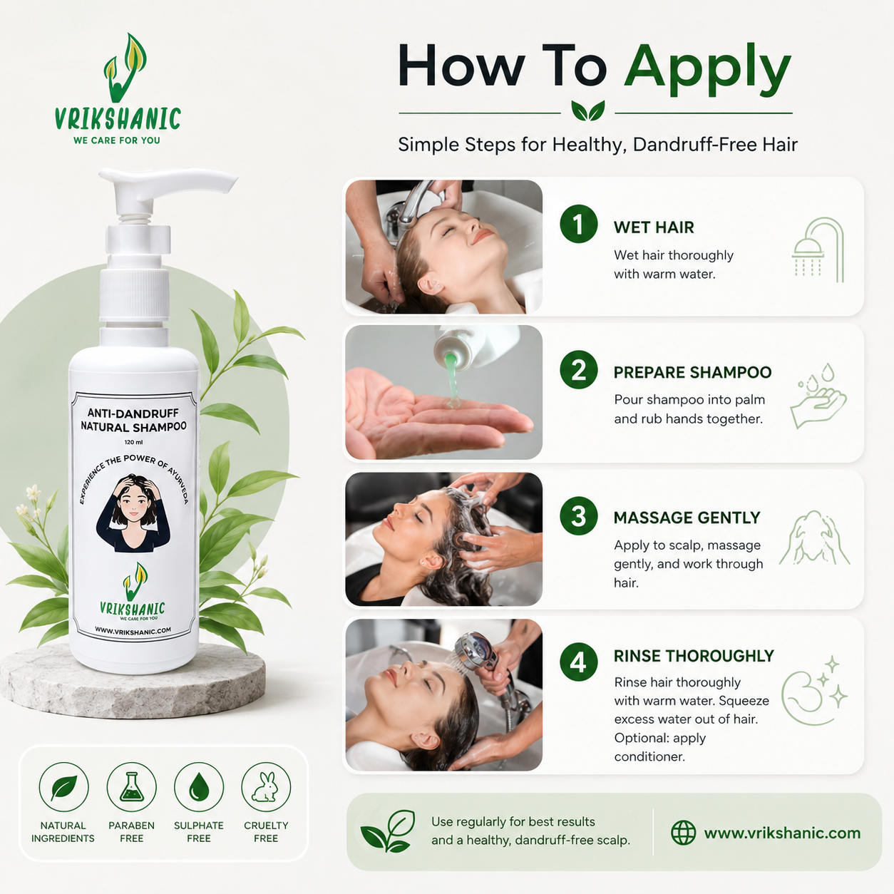 Vrikshanic shampoo bottle with step-by-step guide on how to apply it for healthy hair.