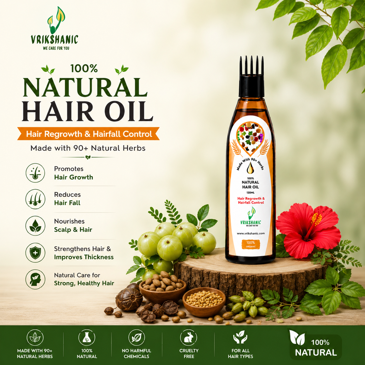 A bottle of Vrikshanic 100% Natural Hair Oil displayed on a wooden stand with green fruits, nuts, and a red flower, set against a soft-focus background with product benefits listed on the left.