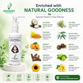 Vrikshanic shampoo bottle with natural ingredients and benefits on a green background