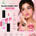 Vrikshanic Blush Cheek Tint product with a model wearing pink blush, product packaging, and usage on cheeks and lips.