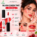 Vrikshanic Blush Cheek Tint Red Cherry product with model application on cheeks and lips, and product details.