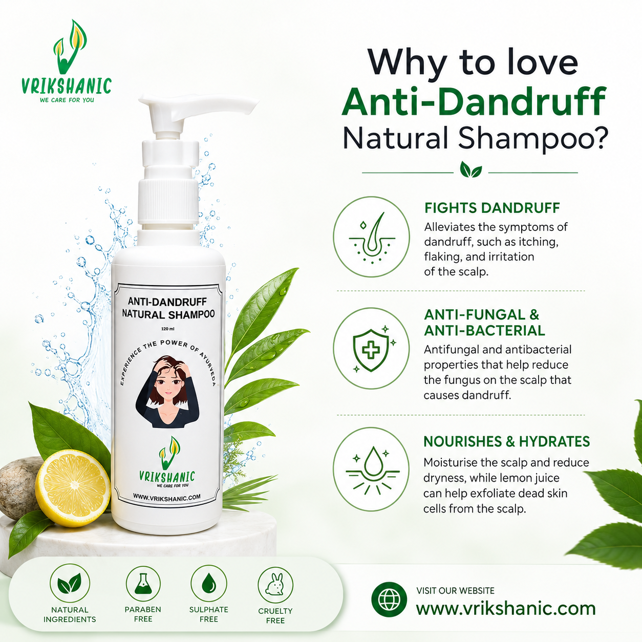 Vrikshanic Anti-Dandruff Natural Shampoo bottle with benefits listed on a green background