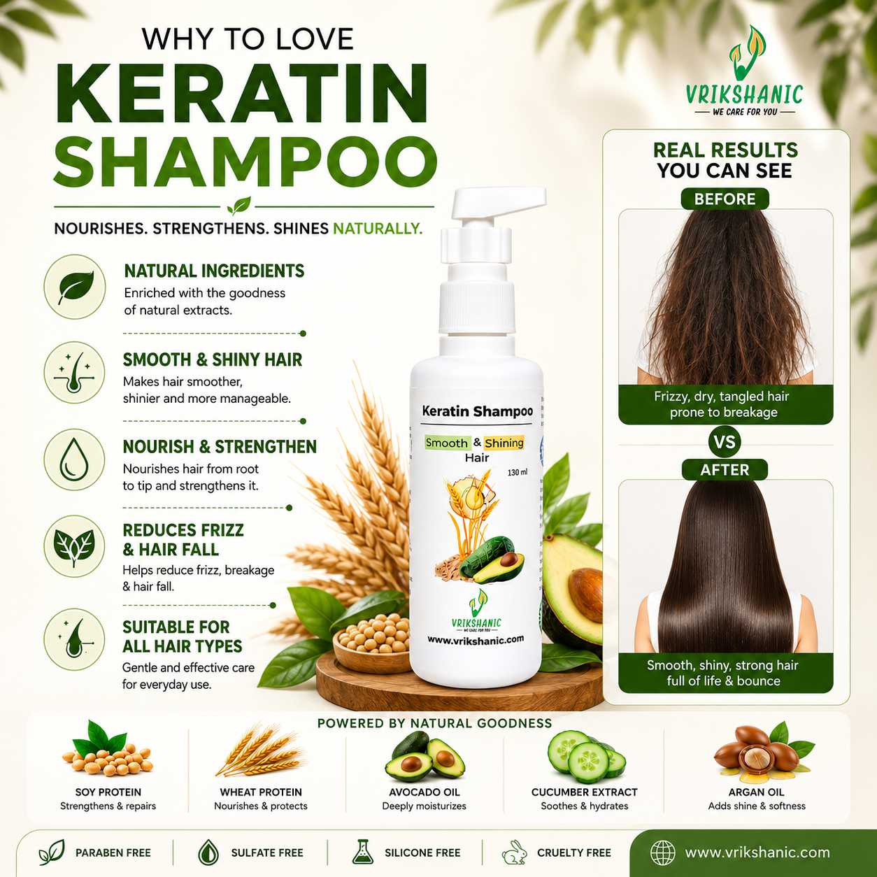 Vrikshanic Keratin Shampoo advertisement with product image, benefits, and transformation before and after.