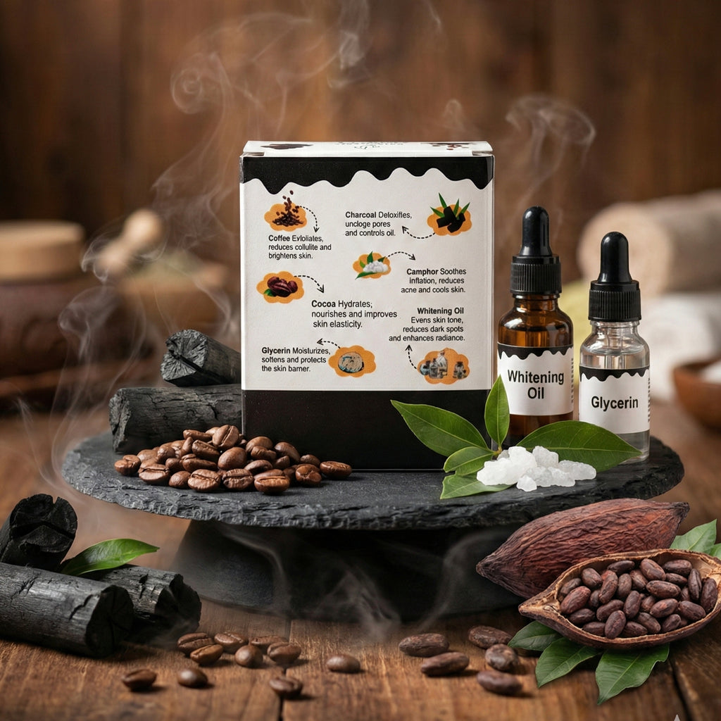 Vrikshanic Ayurvedic skincare set with glycerin, whitening oil, coffee beans, and natural ingredients on a black tray.